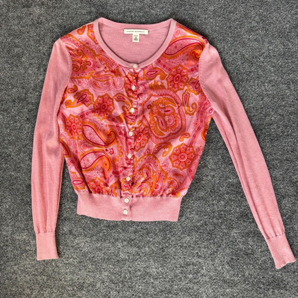 Banana Republic pink orange paisley silk front cardigan sweater Angora back XS